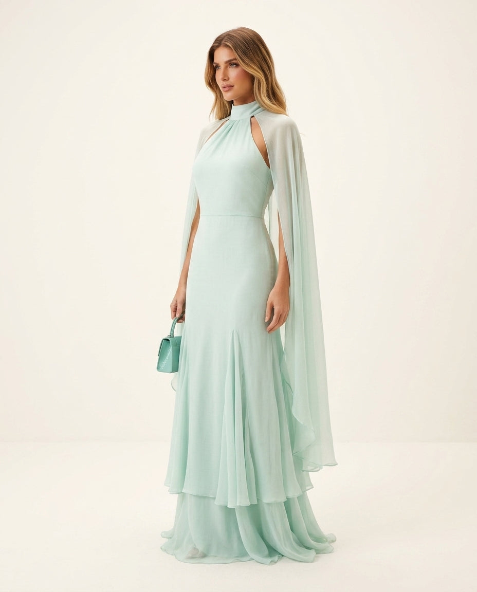 Mint Eyelet V-Neck Maxi Dress "Margot" Mint Maxi Dress with Relaxed Fit silhouette and Textured texture, side or back garment view for Date Night, a gallery opening in Paris, Euro Chic Premium