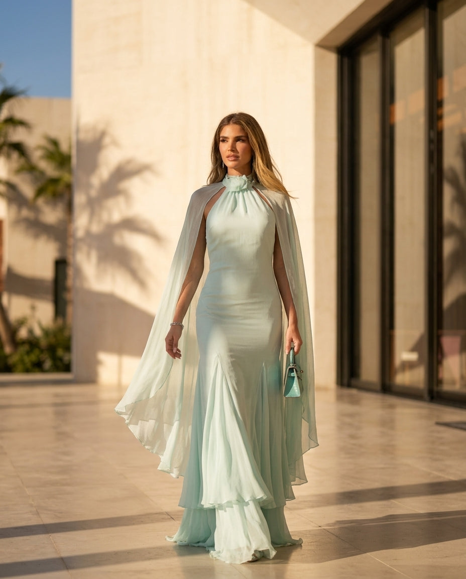 Mint Eyelet V-Neck Maxi Dress "Margot" Mint Maxi Dress with Relaxed Fit silhouette and Textured texture, lifestyle scene image for Date Night, a gallery opening in Paris, Euro Chic Premium