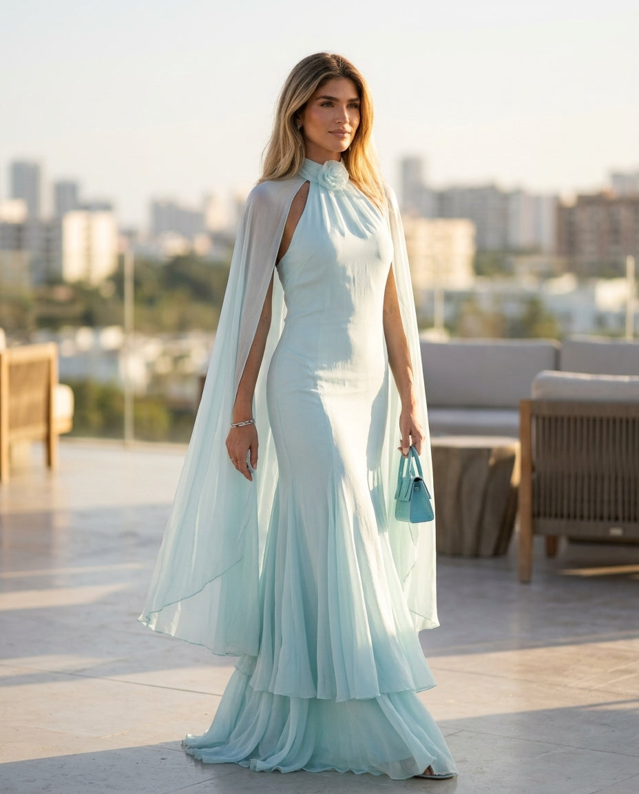 Mint Eyelet V-Neck Maxi Dress "Margot" Mint Maxi Dress with Relaxed Fit silhouette and Textured texture, outdoor styling image for Date Night, a gallery opening in Paris, Euro Chic Premium