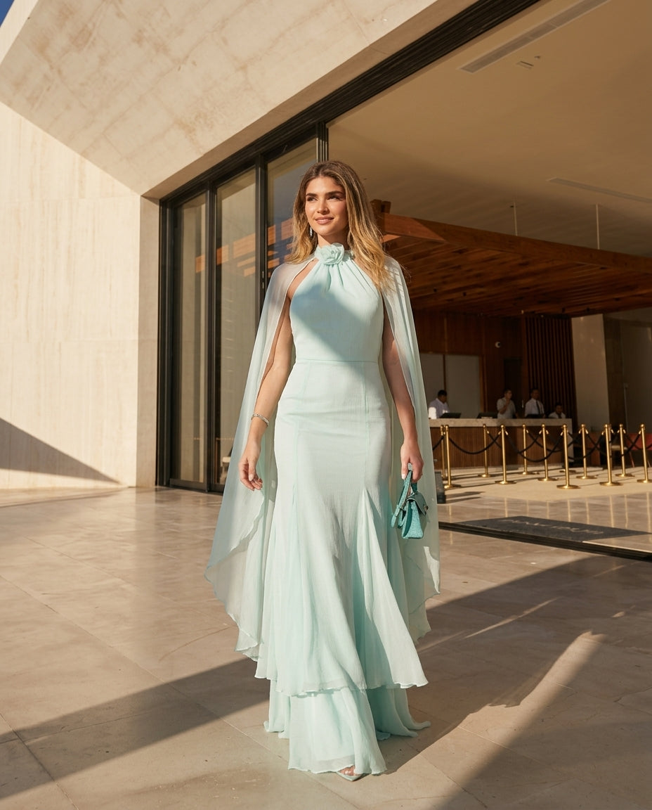 Mint Eyelet V-Neck Maxi Dress "Margot" Mint Maxi Dress with Relaxed Fit silhouette and Textured texture, editorial ecommerce scene for Date Night, a gallery opening in Paris, Euro Chic Premium