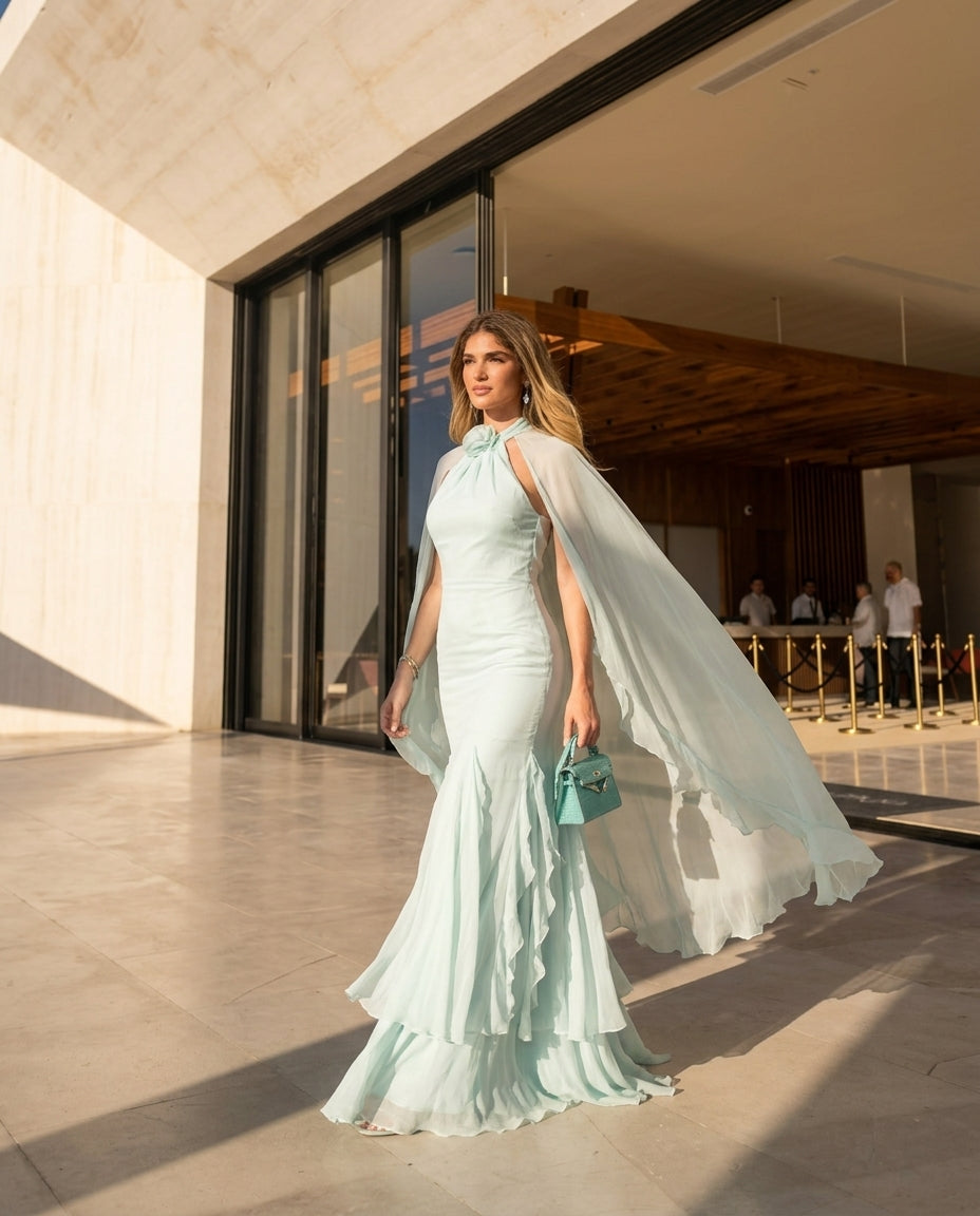 Mint Eyelet V-Neck Maxi Dress "Margot" Mint Maxi Dress with Relaxed Fit silhouette and Textured texture, fabric and construction detail for Date Night, a gallery opening in Paris, Euro Chic Premium