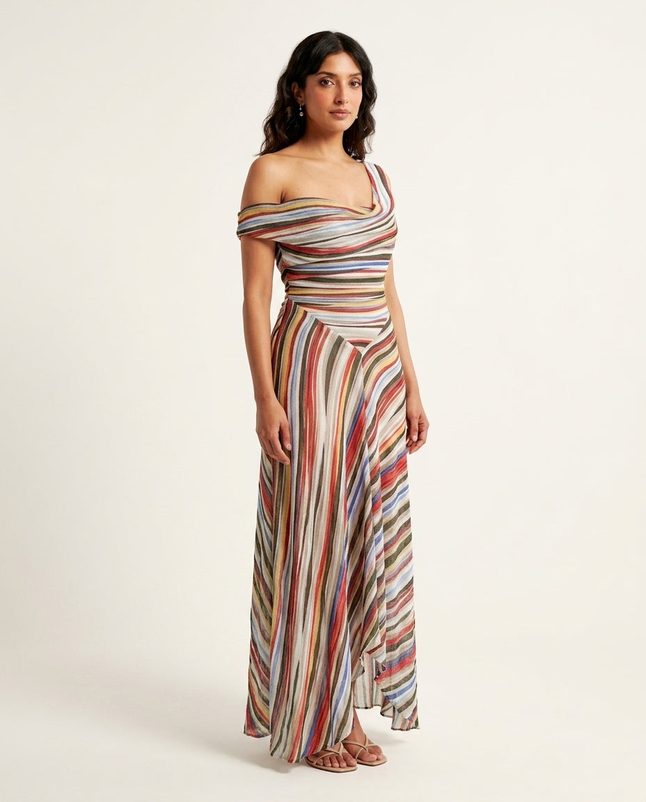 Multicolor Eyelet V-Neck Maxi Dress "Vivienne" Multicolor Maxi Dress with Asymmetric silhouette and Textured texture, front view product image for Vacation Evening, a polished coastal brunch, US East / Hamptons Elite