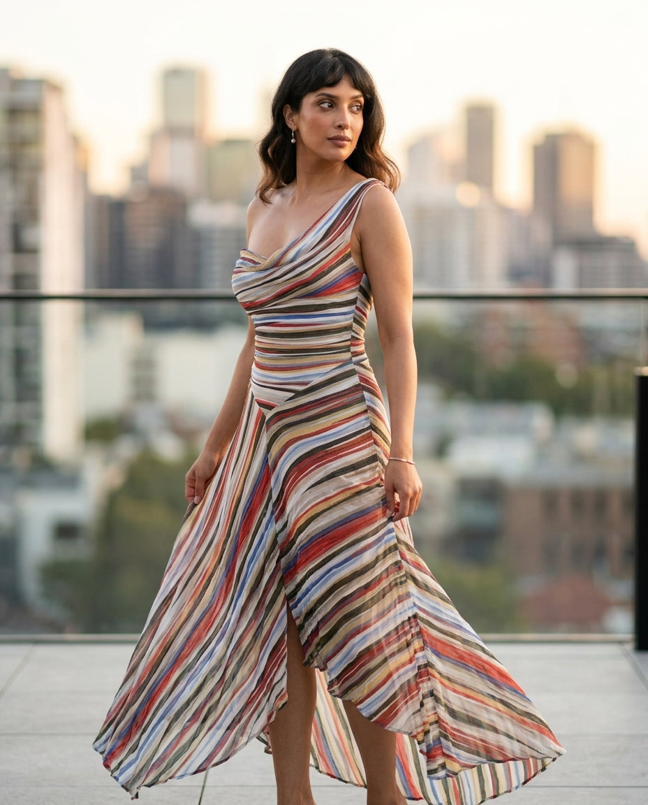 Multicolor Eyelet V-Neck Maxi Dress "Vivienne" Multicolor Maxi Dress with Asymmetric silhouette and Textured texture, lifestyle scene image for Vacation Evening, a polished coastal brunch, US East / Hamptons Elite