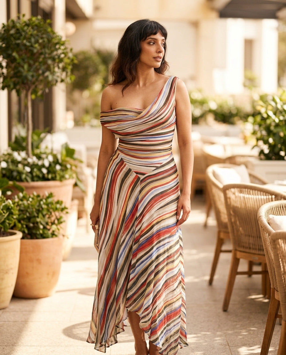 Multicolor Eyelet V-Neck Maxi Dress "Vivienne" Multicolor Maxi Dress with Asymmetric silhouette and Textured texture, editorial ecommerce scene for Vacation Evening, a polished coastal brunch, US East / Hamptons Elite