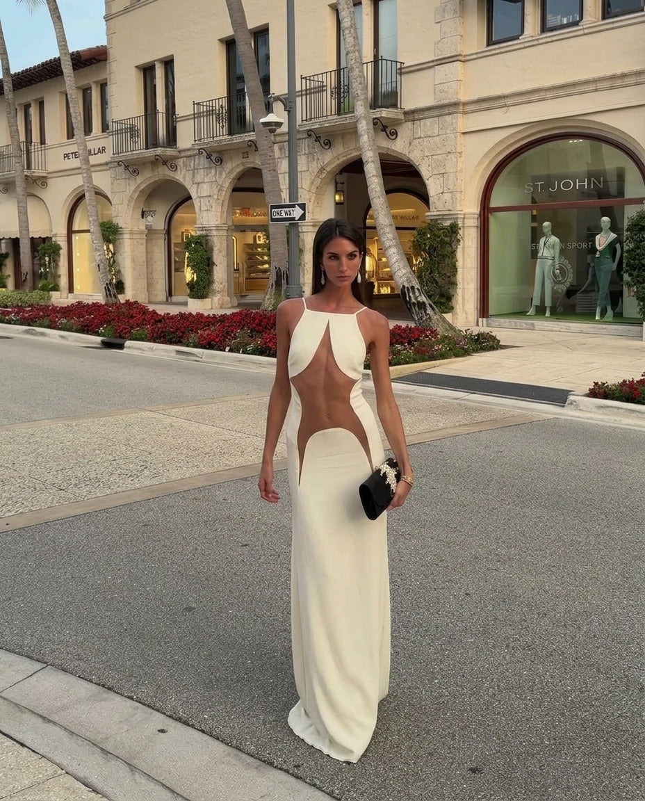 Ivory Eyelet V-Neck Maxi Dress "Sienna" Ivory Maxi Dress with Relaxed Fit silhouette and Textured texture, front view product image for Date Night, an estate dinner at golden hour, US East / Hamptons Elite