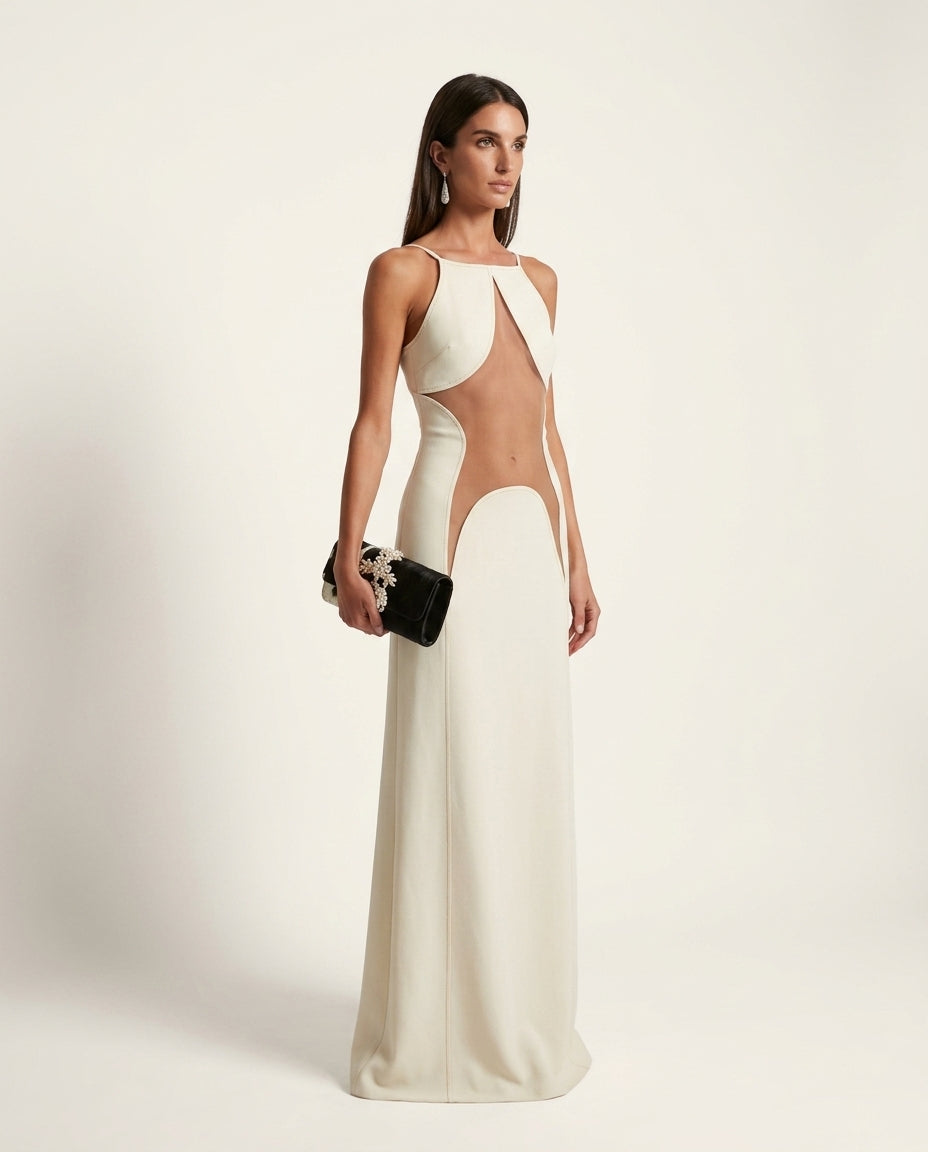 Ivory Eyelet V-Neck Maxi Dress "Sienna" Ivory Maxi Dress with Relaxed Fit silhouette and Textured texture, clean studio product view for Date Night, an estate dinner at golden hour, US East / Hamptons Elite