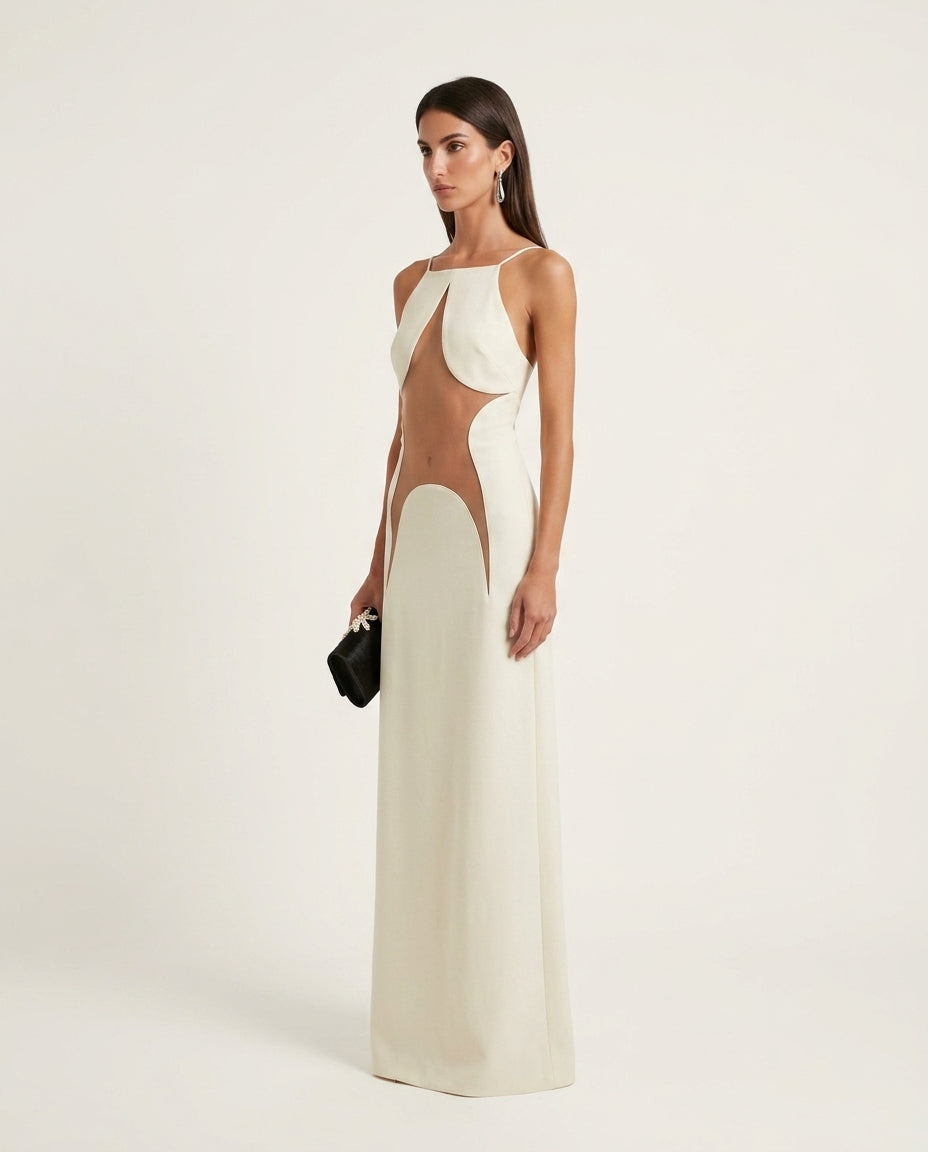Ivory Eyelet V-Neck Maxi Dress "Sienna" Ivory Maxi Dress with Relaxed Fit silhouette and Textured texture, side or back garment view for Date Night, an estate dinner at golden hour, US East / Hamptons Elite