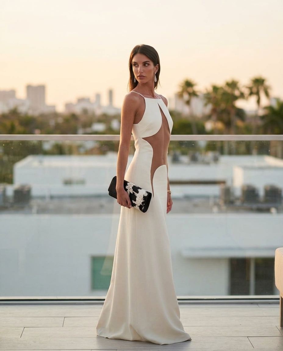 Ivory Eyelet V-Neck Maxi Dress "Sienna" Ivory Maxi Dress with Relaxed Fit silhouette and Textured texture, outdoor styling image for Date Night, an estate dinner at golden hour, US East / Hamptons Elite