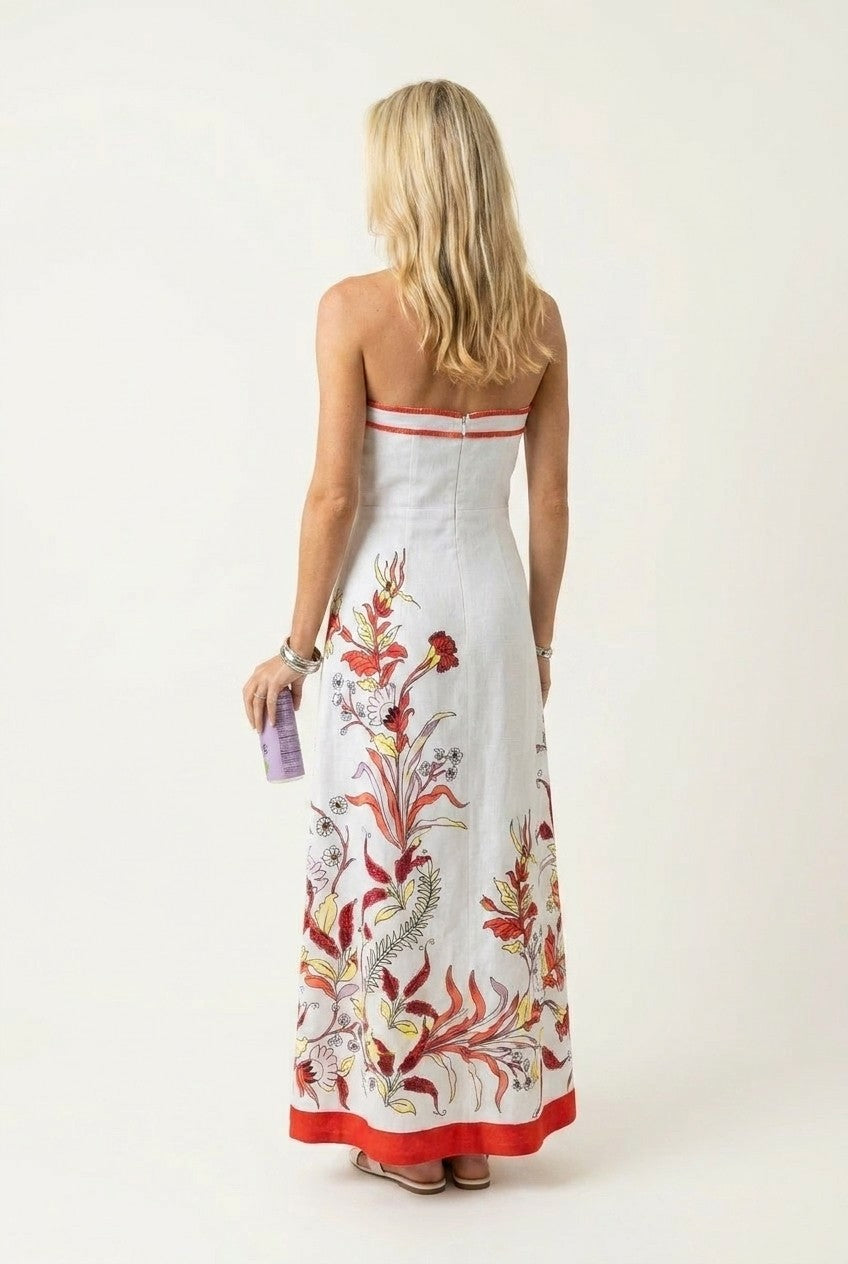 Floral Linen Strapless Maxi Dress