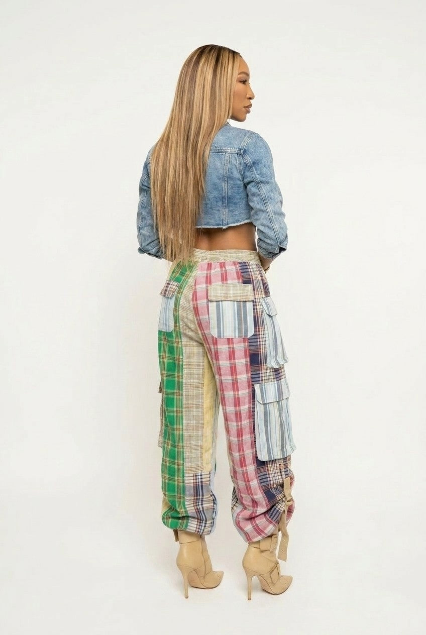 Plaid patchwork wide-leg pants
