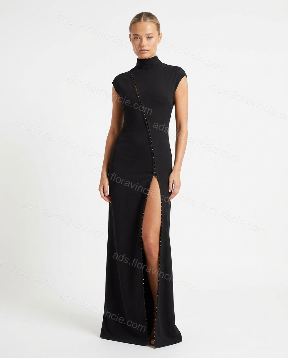 Black Reverie Date Night Maxi Dress Black Maxi Dress with Flowing silhouette and Satin texture, side or back garment view for Business Casual, a gallery opening in Paris, Summer current summer selling: vacation, resort dinner, wedding guest, festival week by ads.floravincie.com