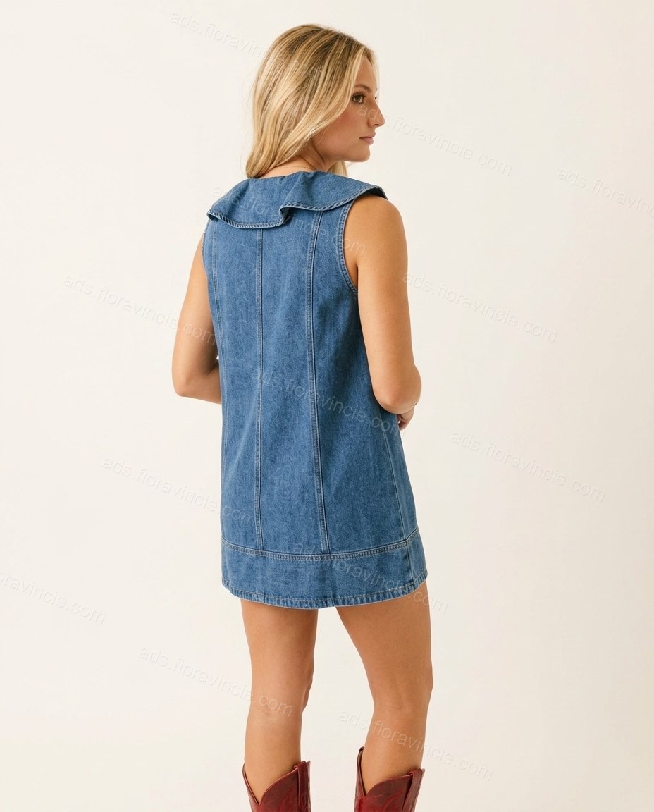 Denim Blue Ruffled V-Neck Mini Dress by ads.floravincie.com