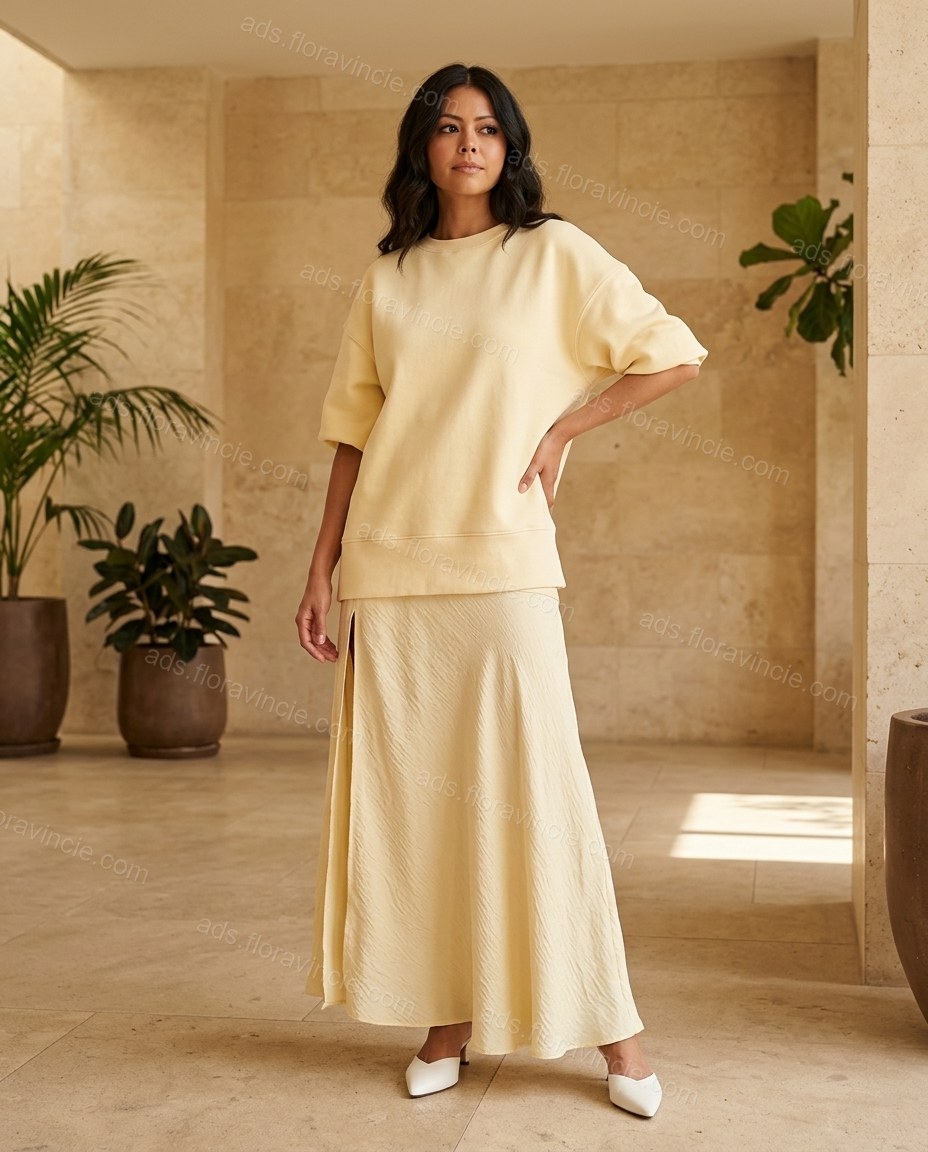 Pale Yellow Ribbed Skirt Set by ads.floravincie.com