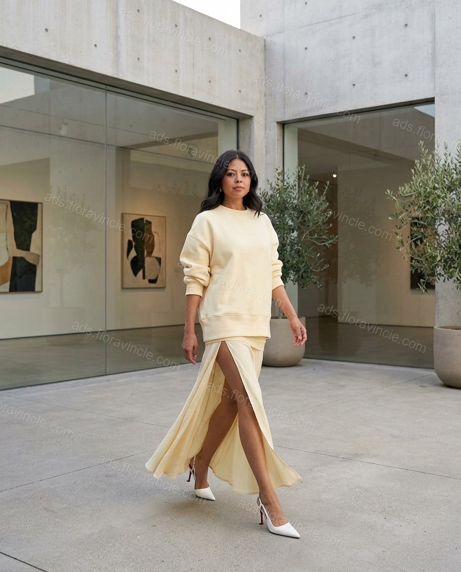 Pale Yellow Ribbed Skirt Set by ads.floravincie.com
