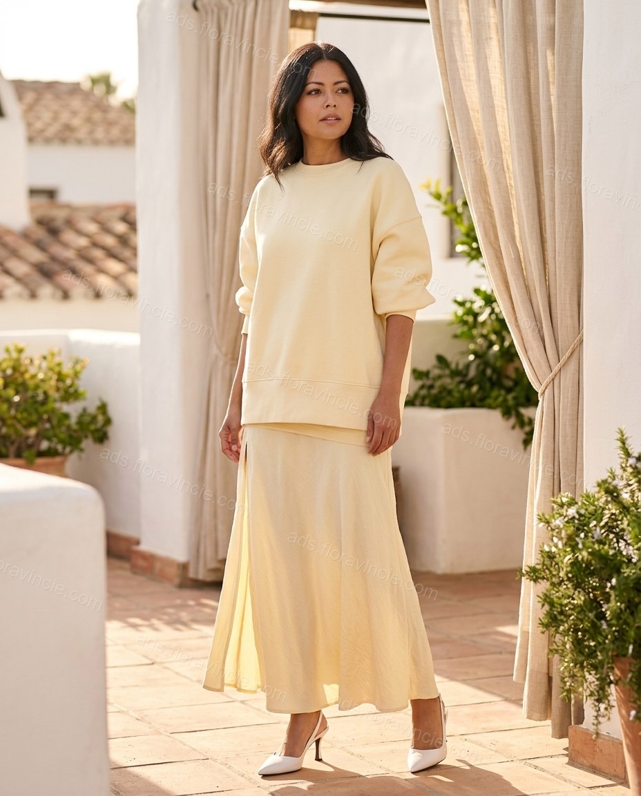 Pale Yellow Ribbed Skirt Set by ads.floravincie.com