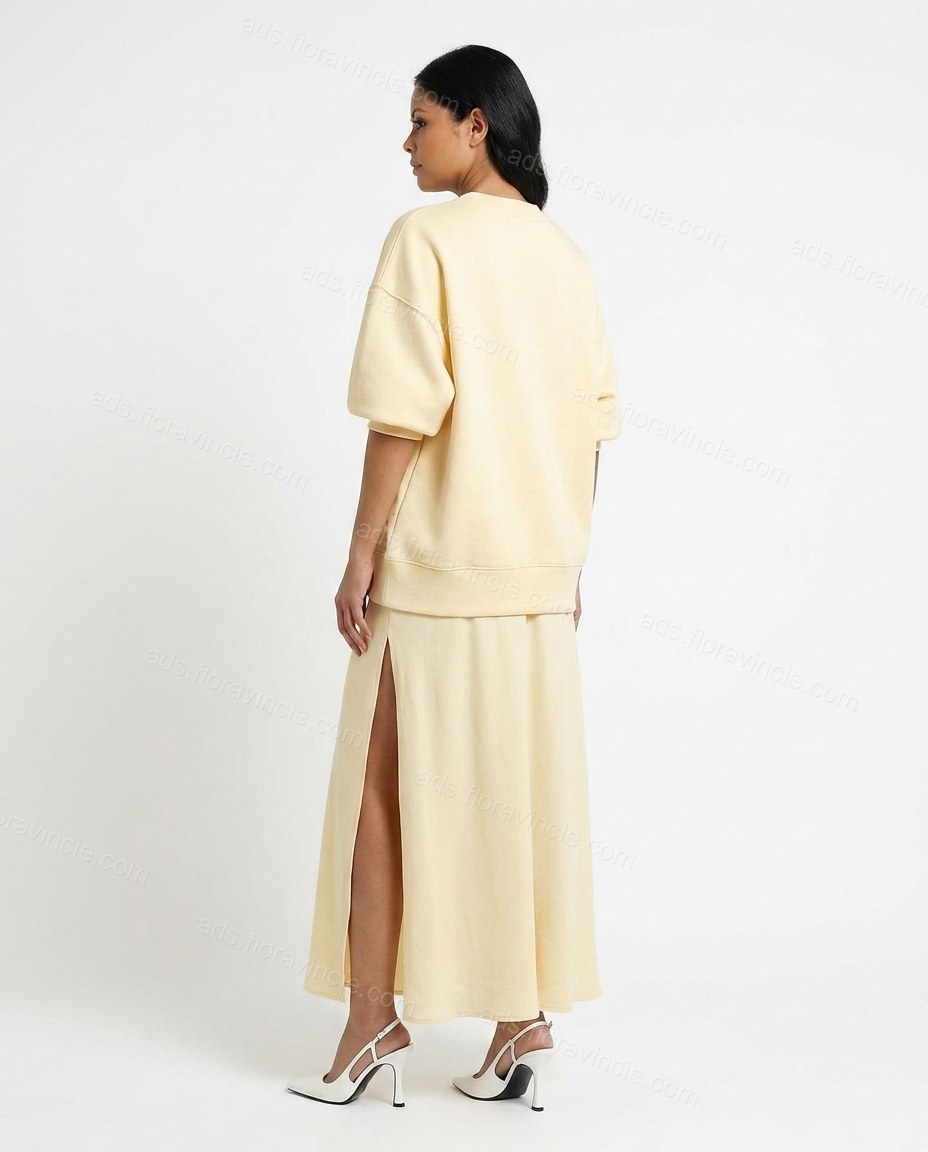 Pale Yellow Ribbed Skirt Set by ads.floravincie.com