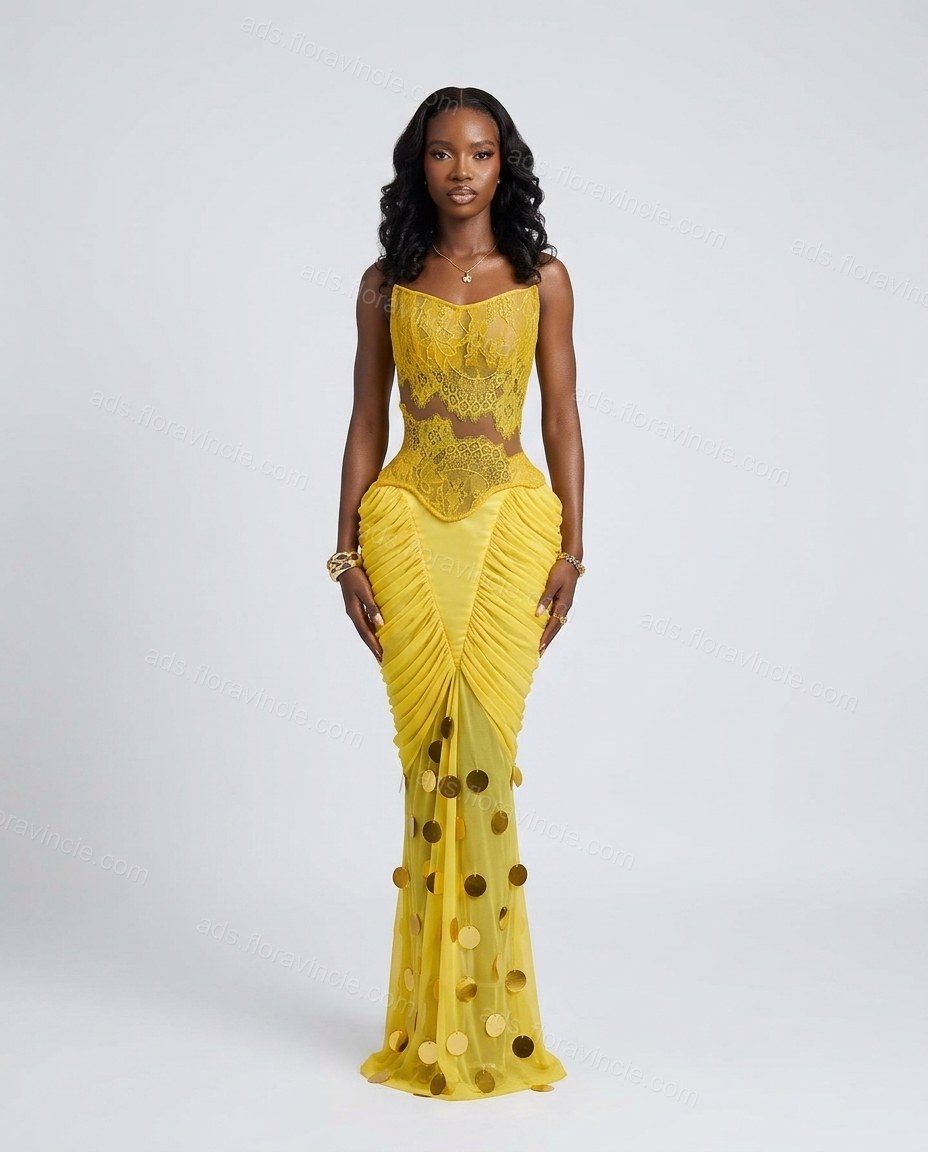 Butter Yellow Lace Sweetheart Maxi Dress by ads.floravincie.com