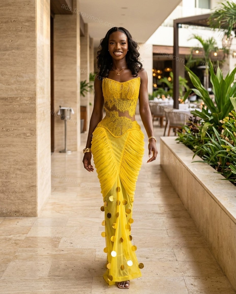 Butter Yellow Lace Sweetheart Maxi Dress by ads.floravincie.com