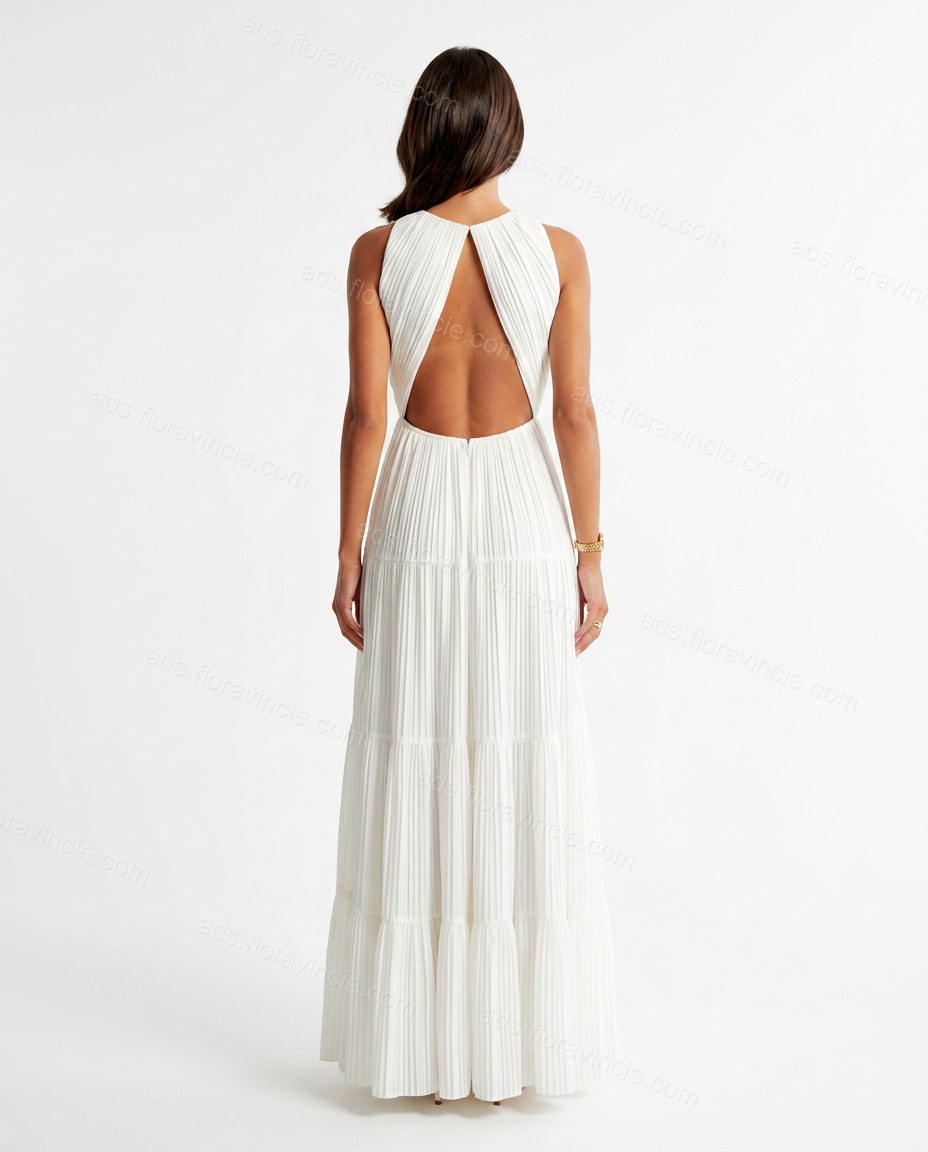 Ivory Pleated V-Neck Maxi Dress by ads.floravincie.com