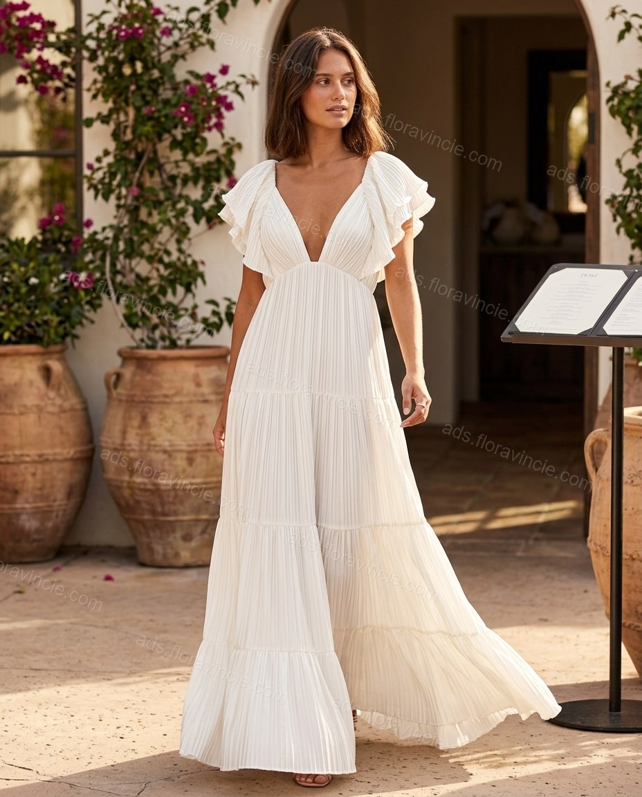 Ivory Pleated V-Neck Maxi Dress by ads.floravincie.com