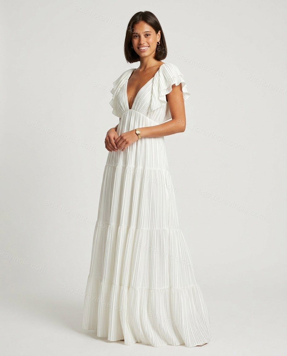 Ivory Pleated V-Neck Maxi Dress by ads.floravincie.com