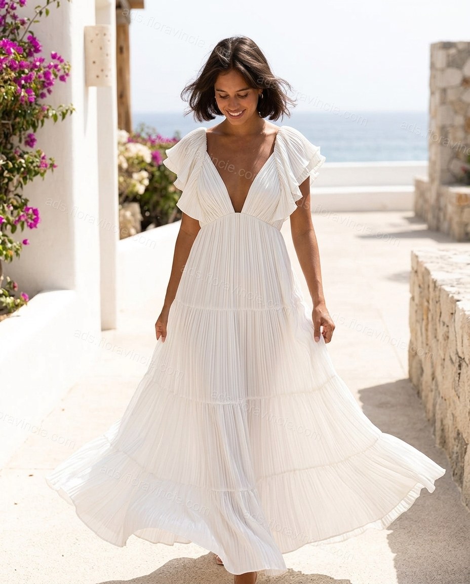 Ivory Pleated V-Neck Maxi Dress by ads.floravincie.com
