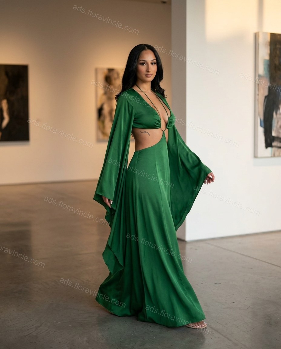 Sage Printed V-Neck Maxi Dress by ads.floravincie.com