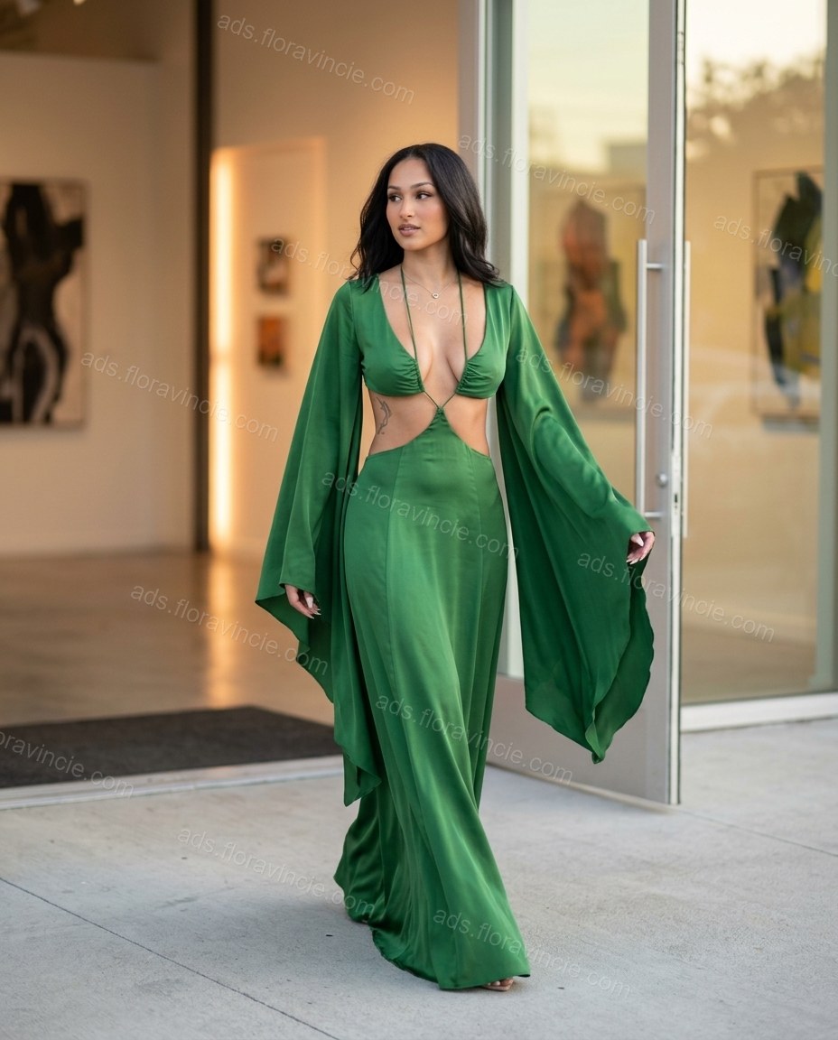 Sage Printed V-Neck Maxi Dress by ads.floravincie.com