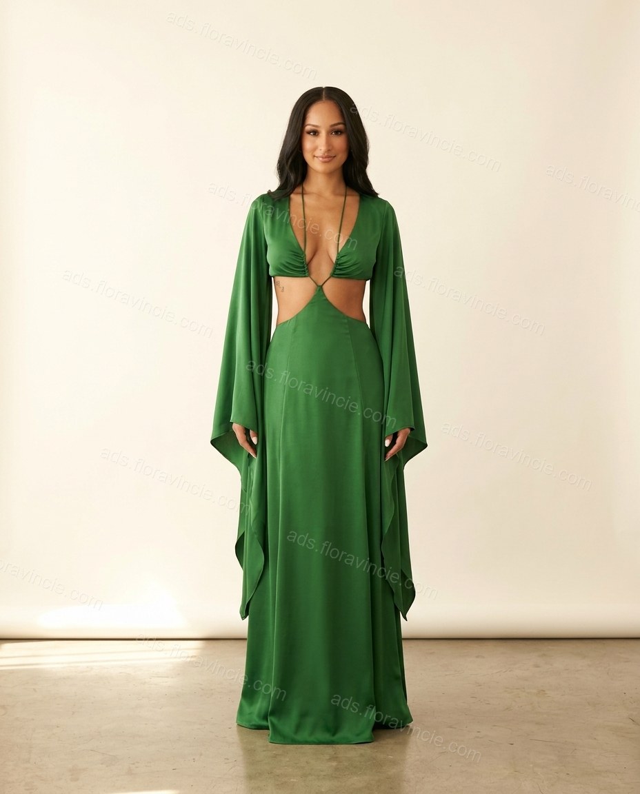 Sage Printed V-Neck Maxi Dress by ads.floravincie.com