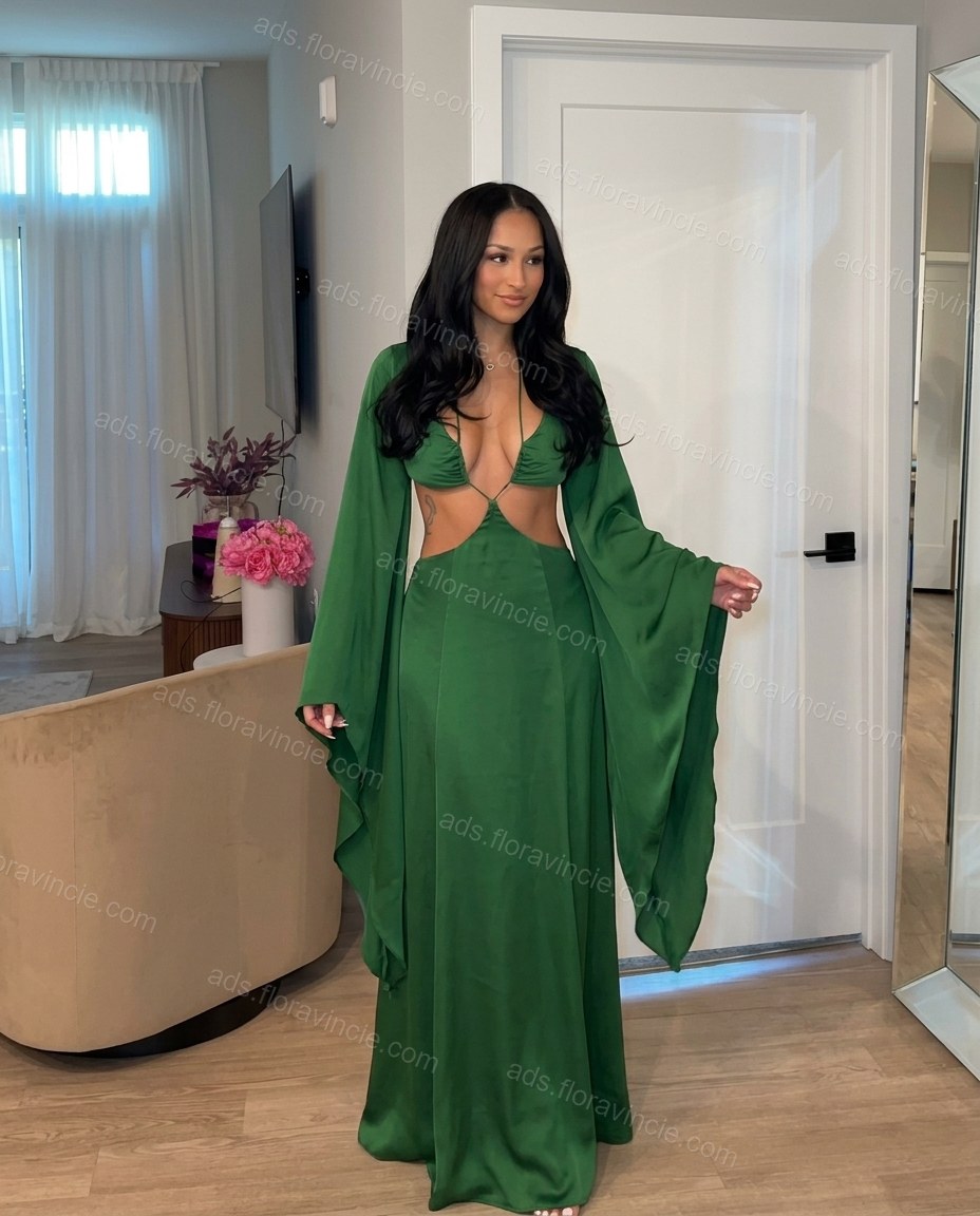 Sage Printed V-Neck Maxi Dress by ads.floravincie.com