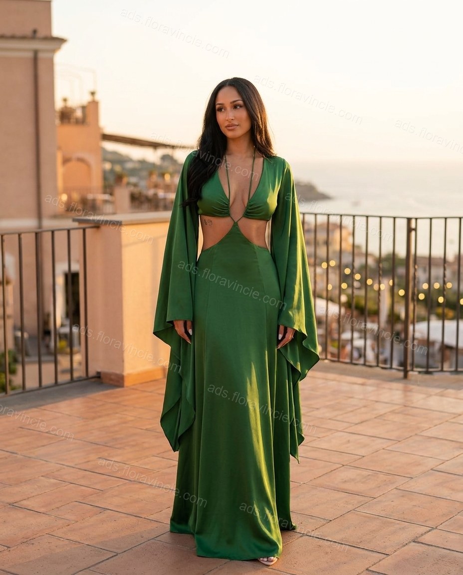 Sage Printed V-Neck Maxi Dress by ads.floravincie.com