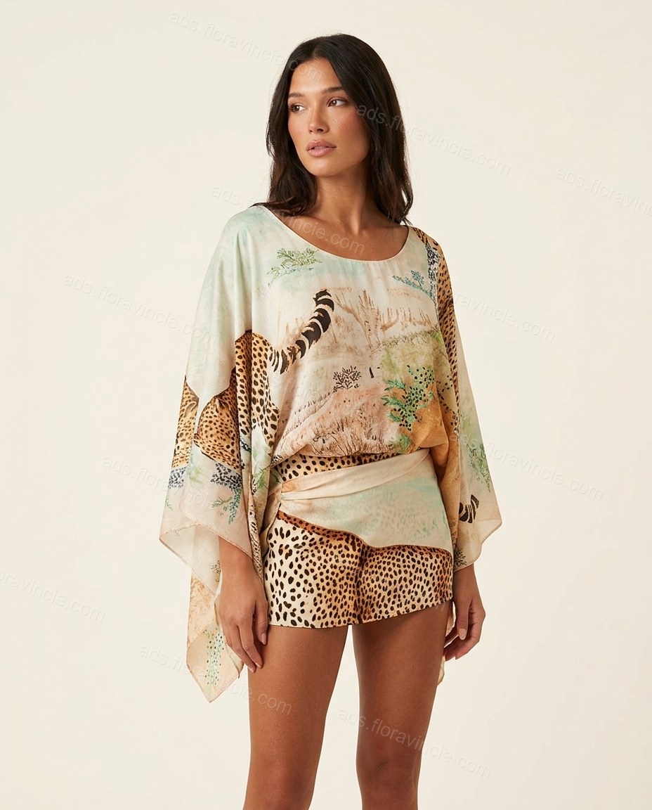Abstract Print V-Neck Animal Print Botanical Design Draped Poncho Pullover Blouse by ads.floravincie.com