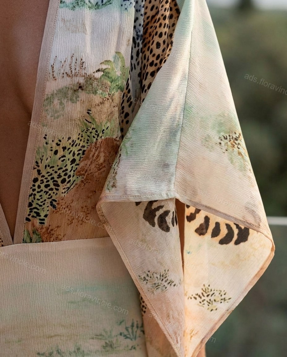 Abstract Print V-Neck Animal Print Botanical Design Draped Poncho Pullover Blouse by ads.floravincie.com