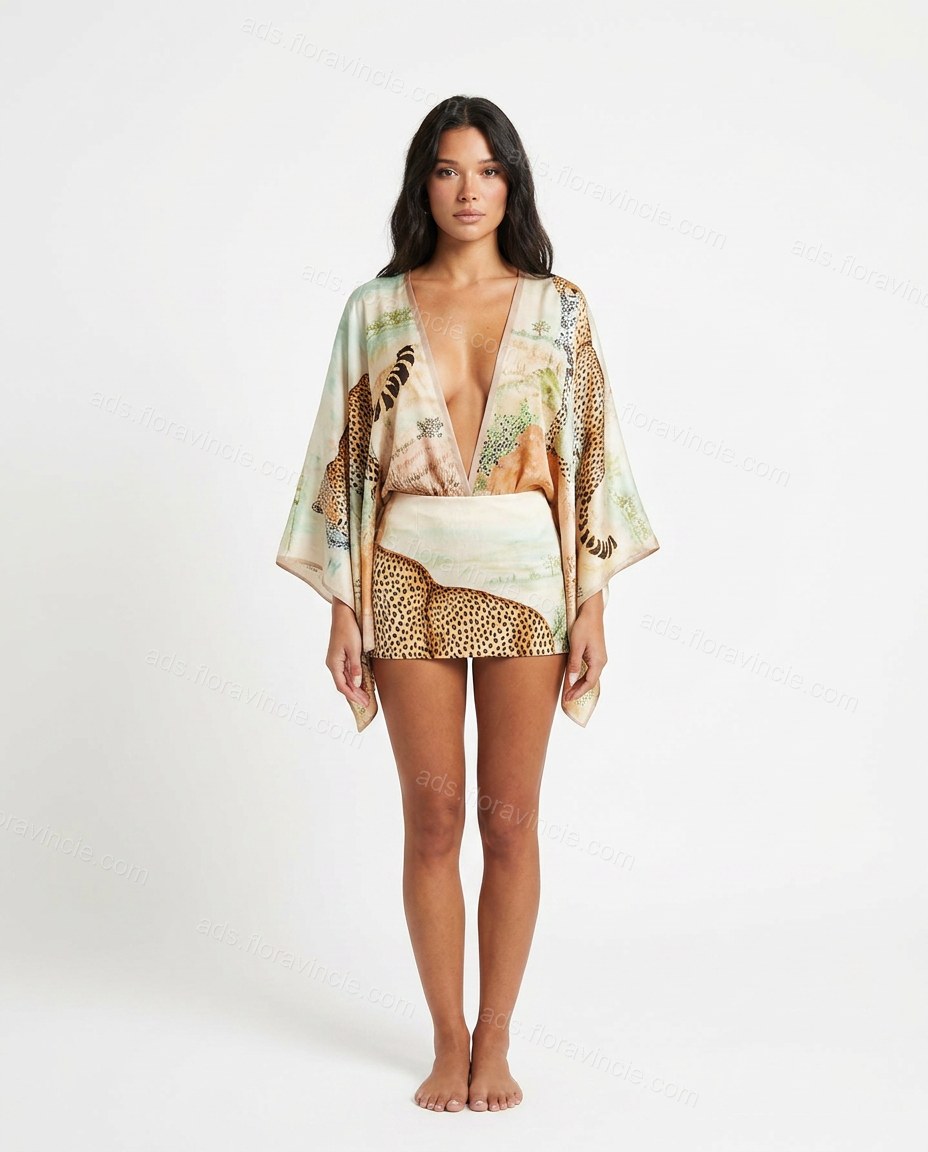 Abstract Print V-Neck Animal Print Botanical Design Draped Poncho Pullover Blouse by ads.floravincie.com