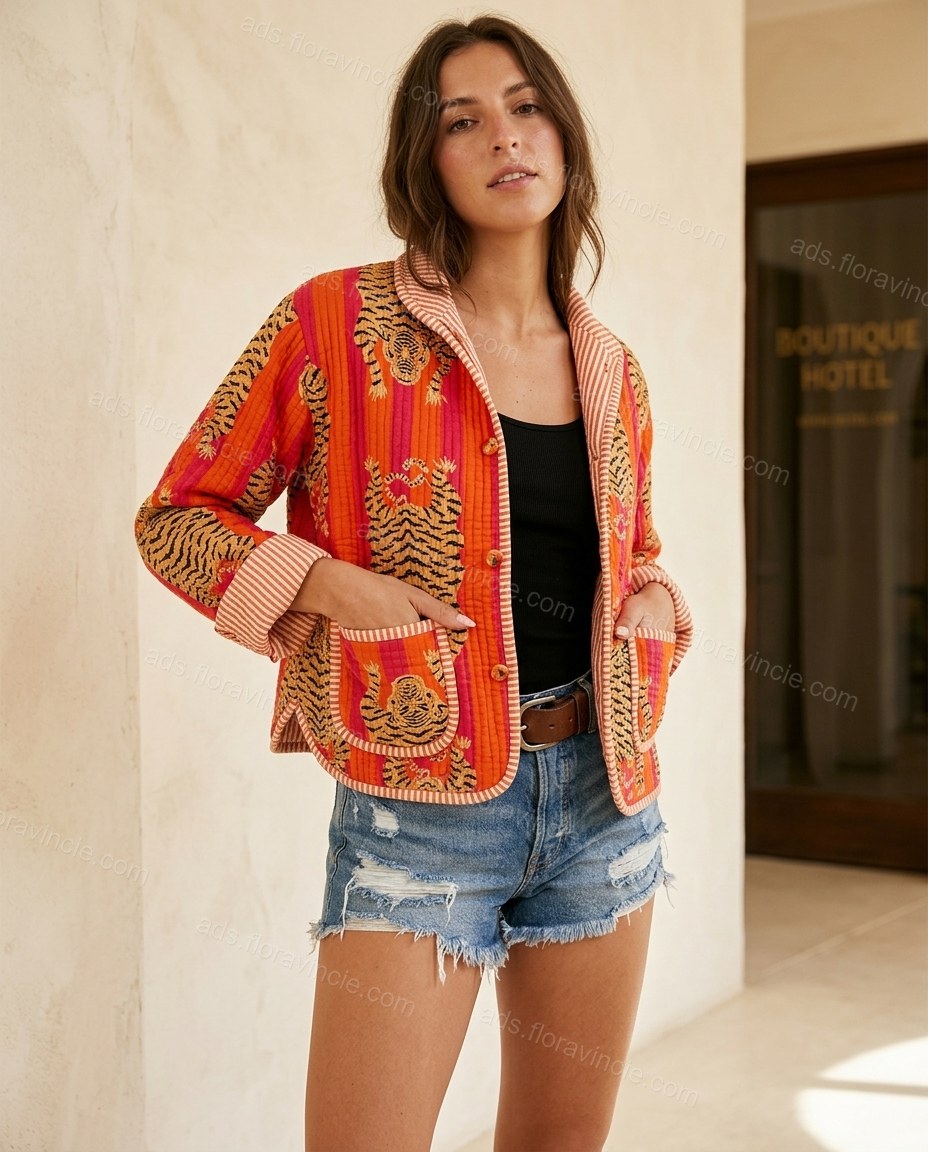 Orange, Red, Beige, Black Striped Lace Lapel Collar Short Set by ads.floravincie.com