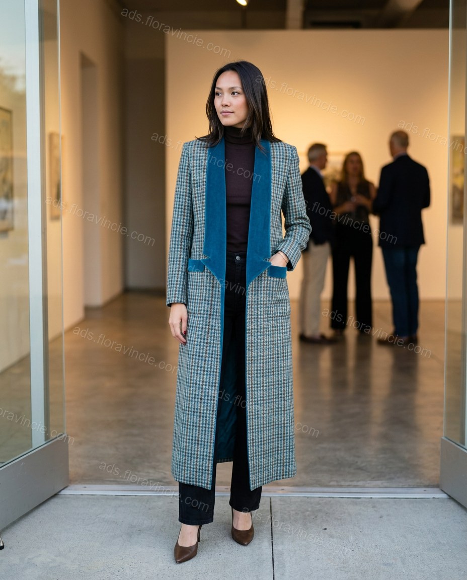 Blue And Brown Plaid With Teal Plaid Print Lace Wide-Leg Duster Jacket by ads.floravincie.com