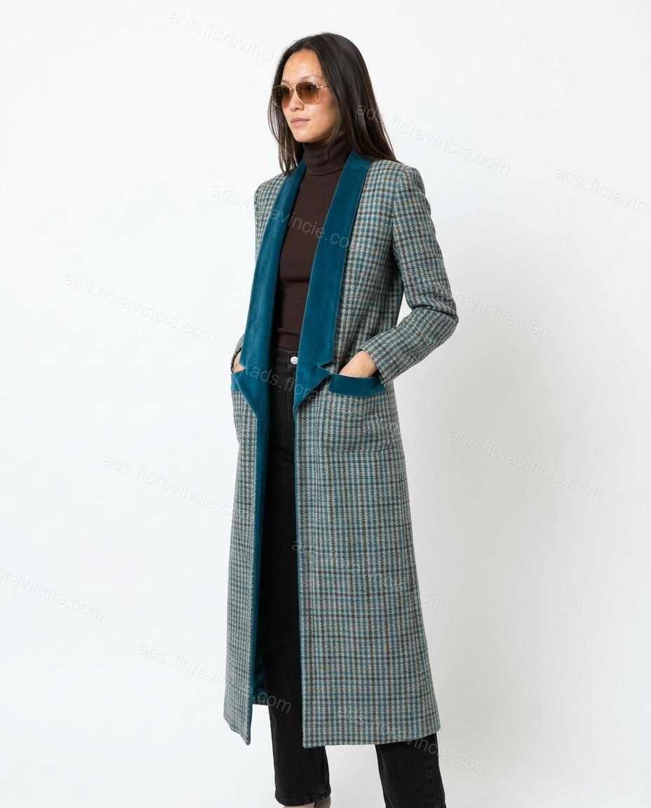 Blue And Brown Plaid With Teal Plaid Print Lace Wide-Leg Duster Jacket by ads.floravincie.com