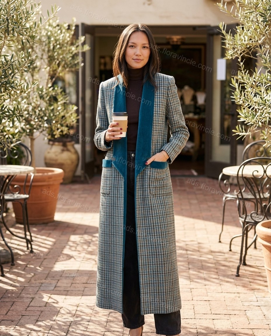 Blue And Brown Plaid With Teal Plaid Print Lace Wide-Leg Duster Jacket by ads.floravincie.com