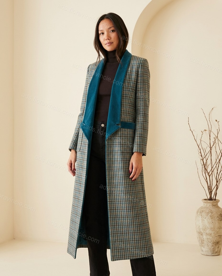 Blue And Brown Plaid With Teal Plaid Print Lace Wide-Leg Duster Jacket by ads.floravincie.com