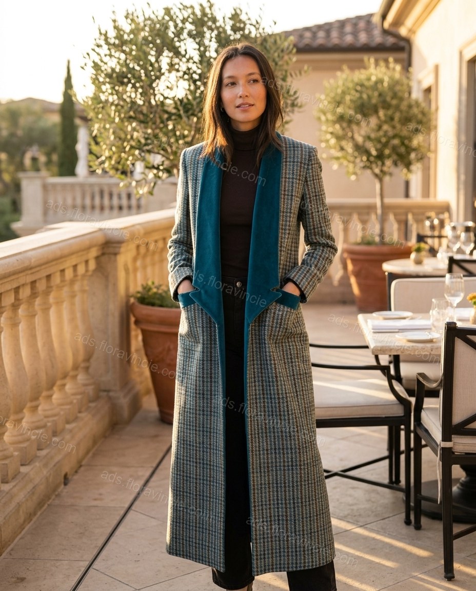 Blue And Brown Plaid With Teal Plaid Print Lace Wide-Leg Duster Jacket by ads.floravincie.com