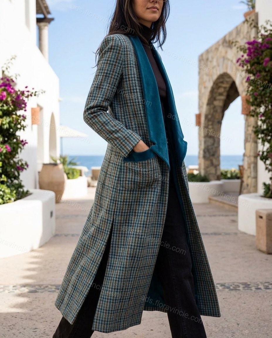 Blue And Brown Plaid With Teal Plaid Print Lace Wide-Leg Duster Jacket by ads.floravincie.com