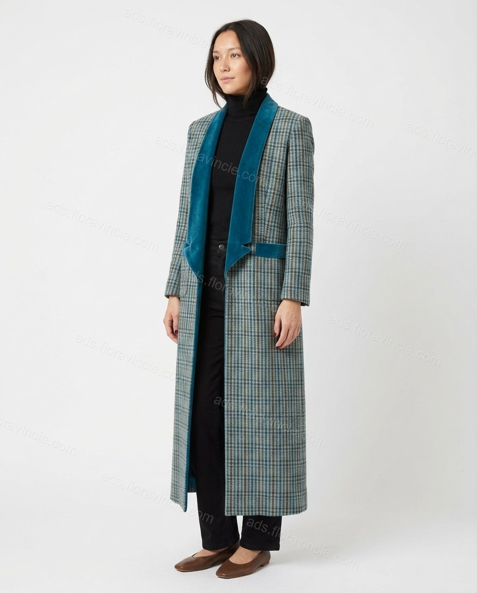 Blue And Brown Plaid With Teal Plaid Print Lace Wide-Leg Duster Jacket by ads.floravincie.com