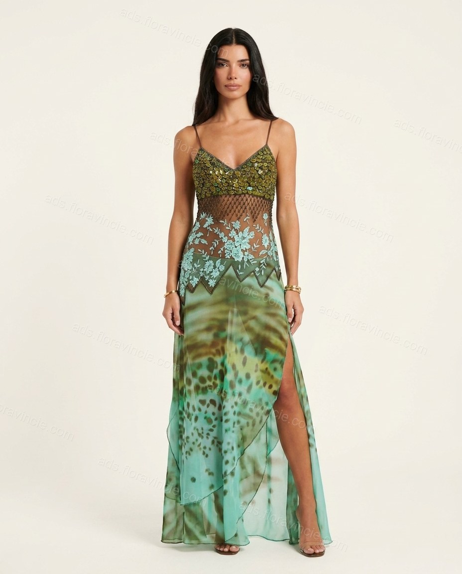 Green Floral V-Neck Lace Maxi Dress by ads.floravincie.com