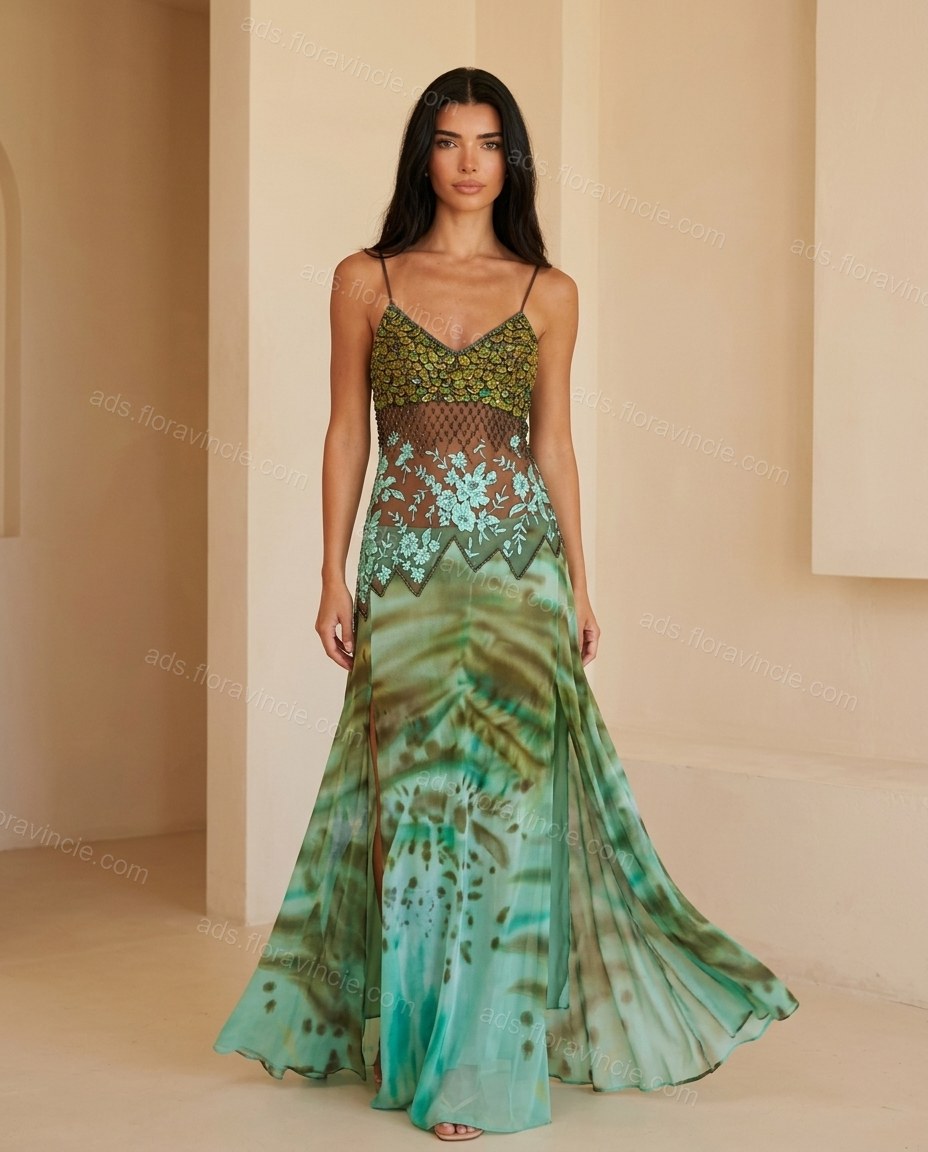 Green Floral V-Neck Lace Maxi Dress by ads.floravincie.com