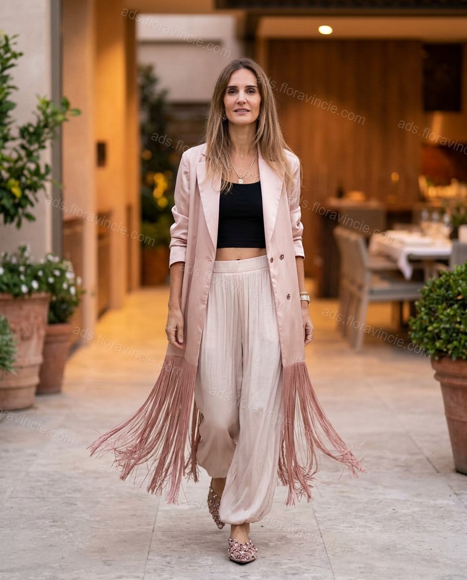 Light Pink Pleated Lace Satin Pant Set by ads.floravincie.com