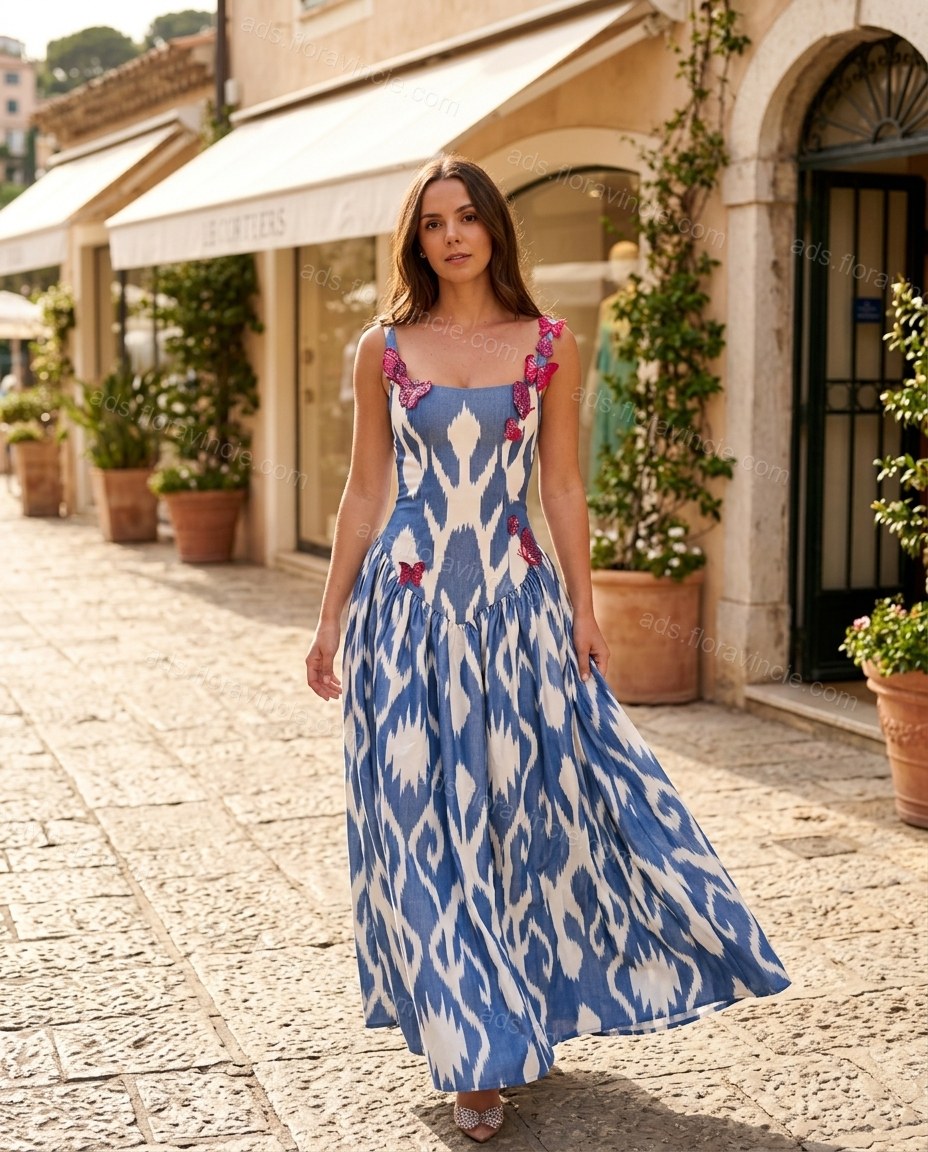 Blue Abstract Print Lace Floral Appliques Maxi Dress by ads.floravincie.com