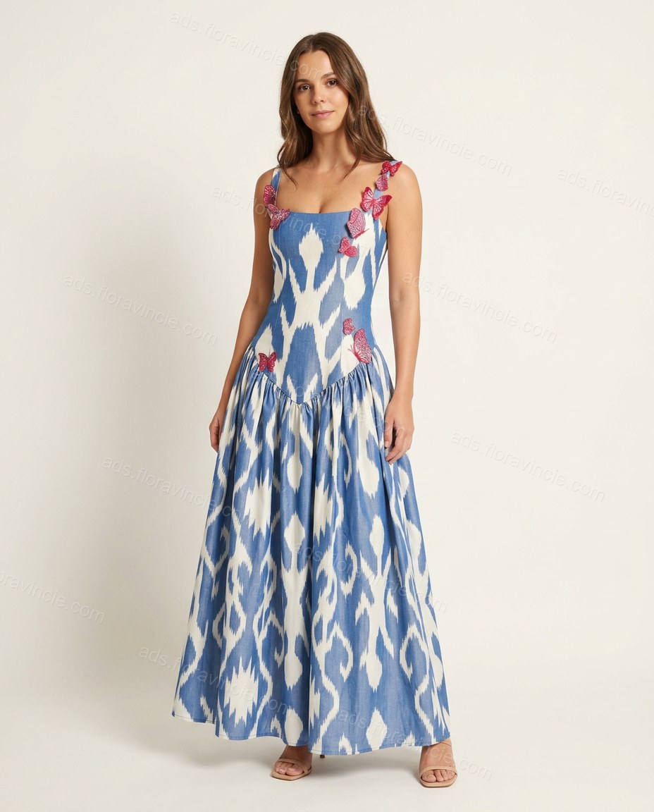 Blue Abstract Print Lace Floral Appliques Maxi Dress by ads.floravincie.com