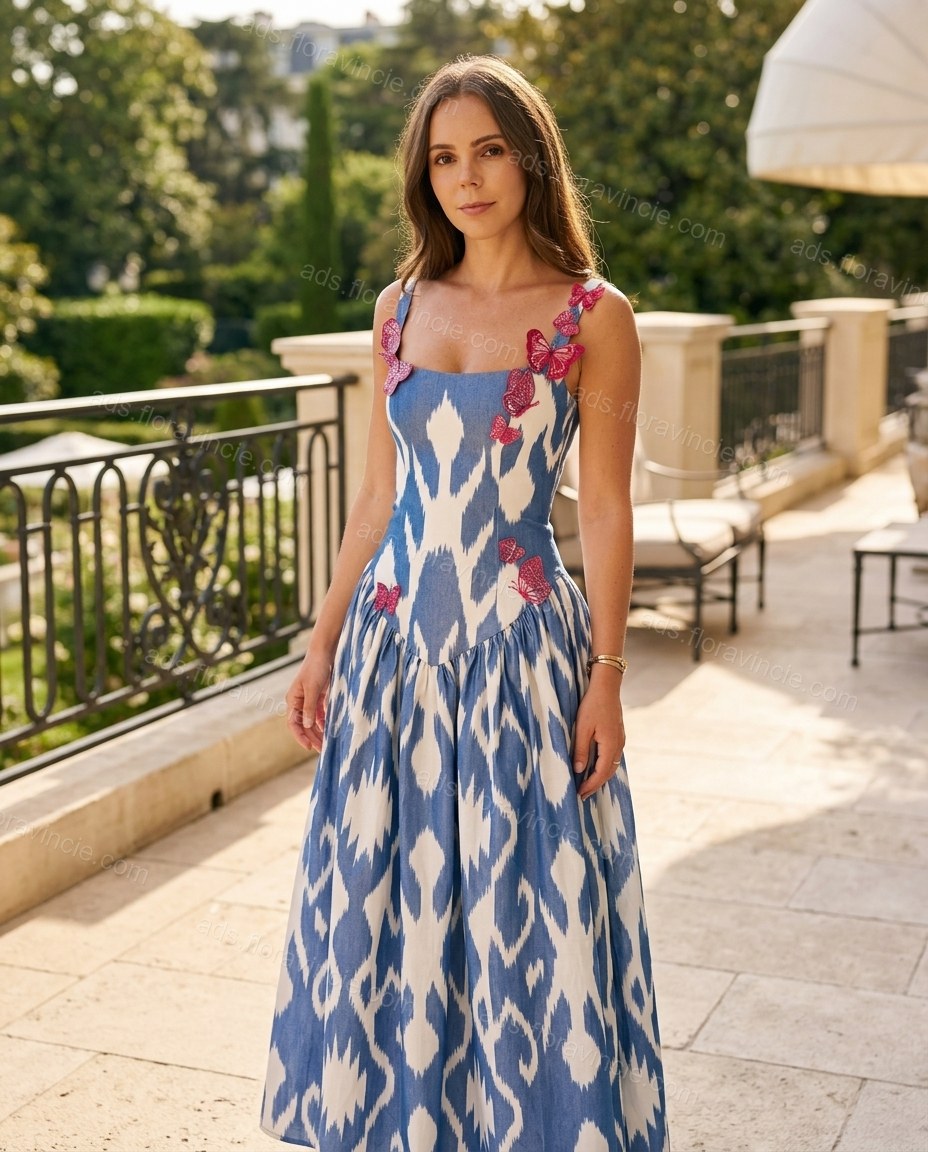 Blue Abstract Print Lace Floral Appliques Maxi Dress by ads.floravincie.com