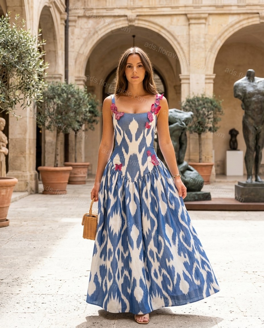 Blue Abstract Print Lace Floral Appliques Maxi Dress by ads.floravincie.com