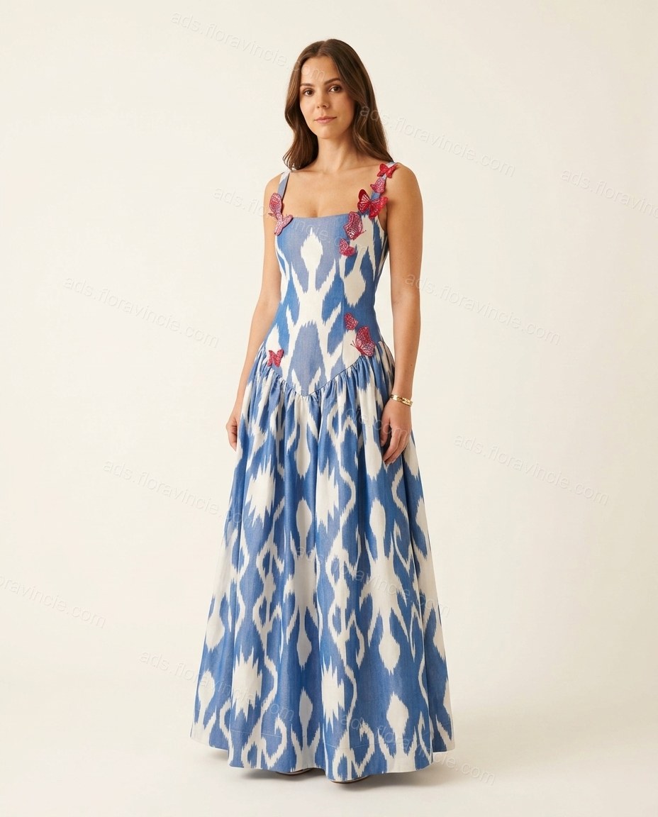 Blue Abstract Print Lace Floral Appliques Maxi Dress by ads.floravincie.com